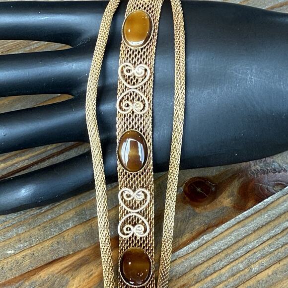 Vintage Gold Tone Mesh Tiger’s Eye Glass Cabochon 7” Bracelet Push Lock Closure - Picture 3 of 5